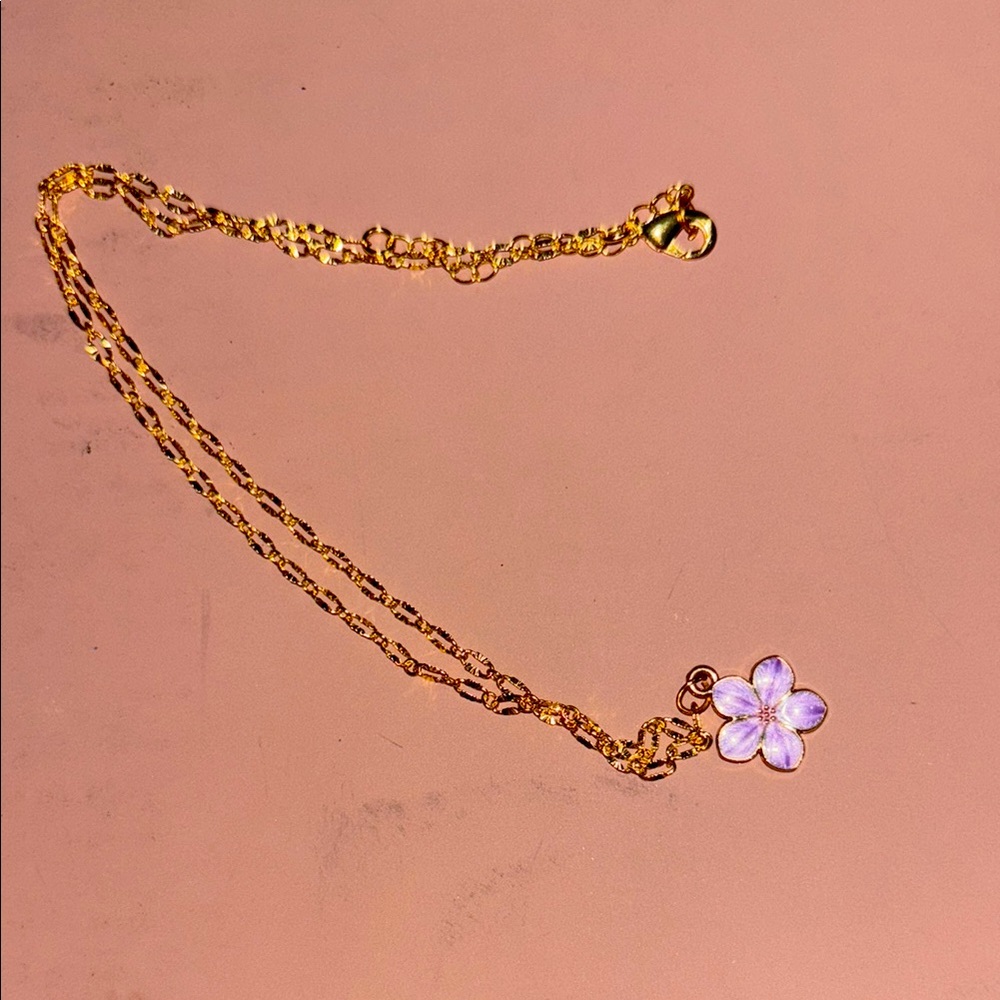 Gold Chain Necklace with Purple Flower Pendant